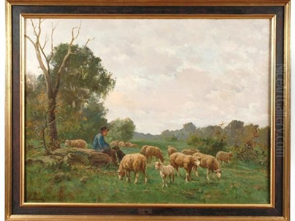 Jeune Berger Et Troupeau De Moutons Oil Painting by Clement (Charles-Henri) Quinton