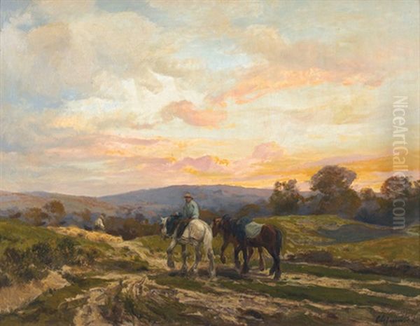 Reiter Mit Pferden Bei Untergehender Sonne Oil Painting by Clement (Charles-Henri) Quinton