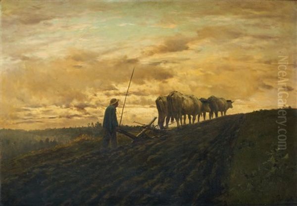 Le Laboureur Au Crepuscule Oil Painting by Clement (Charles-Henri) Quinton