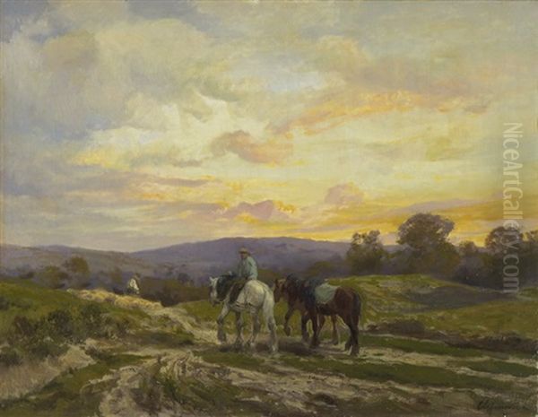 Abendliche Landschaft Mit Heimkehrendem Bauer Und Pferden Oil Painting by Clement (Charles-Henri) Quinton