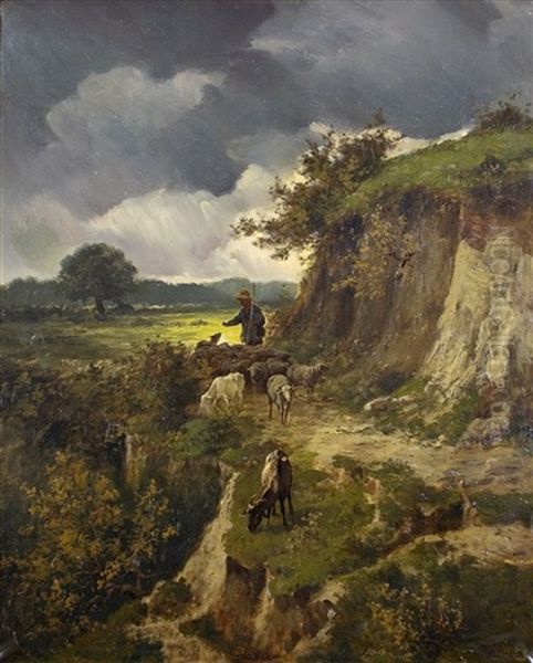 Landschaft Mit Schafherde Oil Painting by Clement (Charles-Henri) Quinton