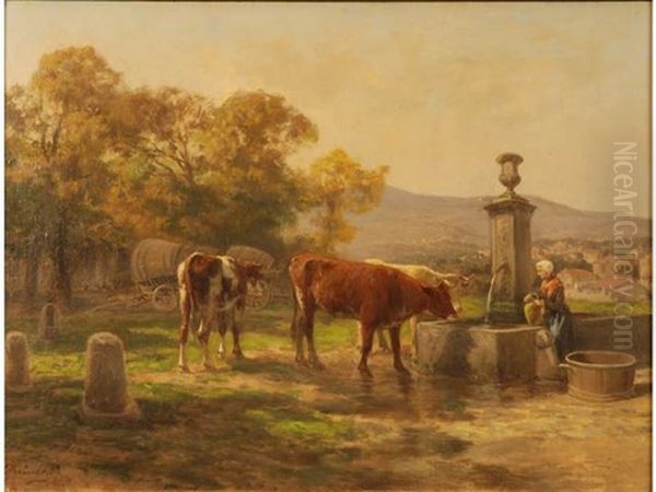 Vaches Et Fermiere A La Fontaine Oil Painting by Clement (Charles-Henri) Quinton