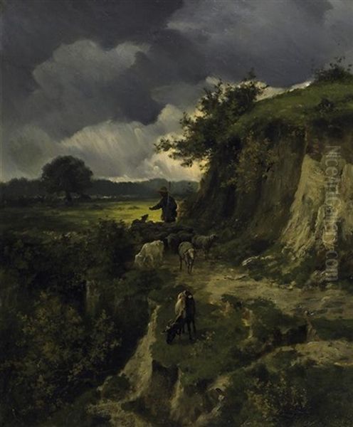 Schafer Mit Seiner Herde Auf Dem Weg. Aufziehende Gewitterstimmung Oil Painting by Clement (Charles-Henri) Quinton