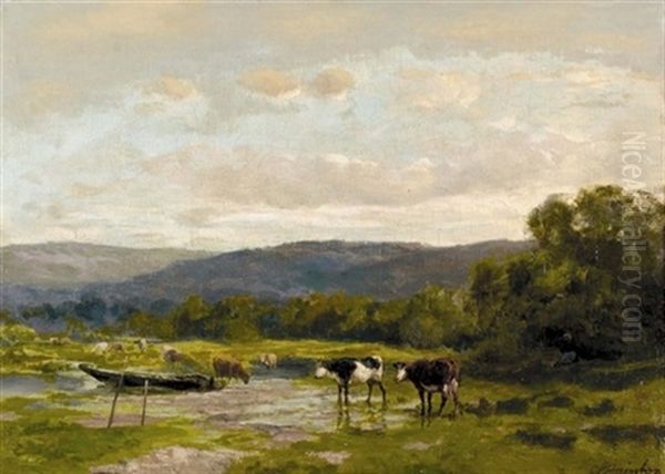 Landschaft Mit Hirtin Und Kuhherde Am Wasser Oil Painting by Clement (Charles-Henri) Quinton