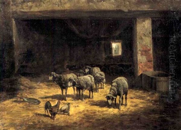 Moutons A La Bergerie Oil Painting by Clement (Charles-Henri) Quinton