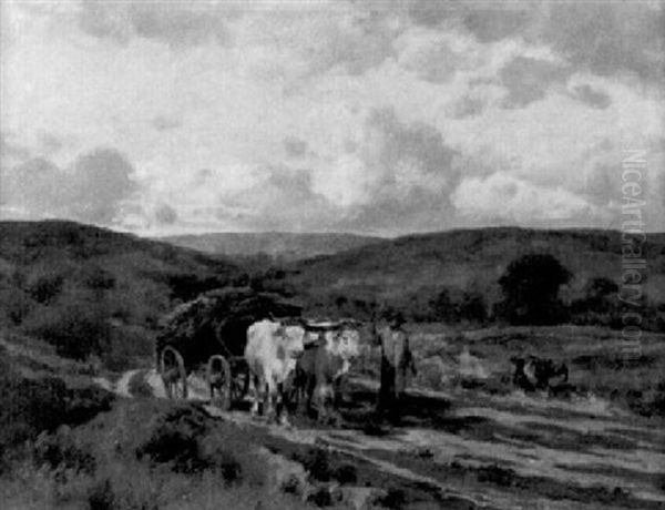 Bauer Mit Ochsengespann In Hugeliger Landschaft Oil Painting by Clement (Charles-Henri) Quinton