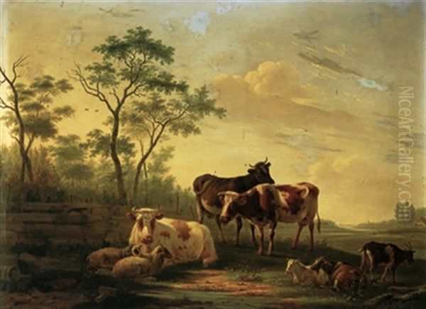 Weideidyll Mit Kuhen, Schafen Und Ziegen Oil Painting by Matthijs Quispel