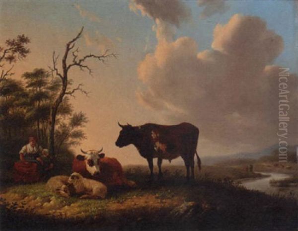 A Sheperdess And Her Daughter Tending Cattle In A River Landscape Oil Painting by Matthijs Quispel