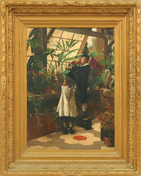 Children In The Conservatory Oil Painting by Edouard Quitton