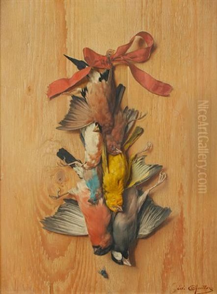 A Still Life Of Song Birds Hung By A Red Ribbon (+ Another, Lrgr; 2 Works) Oil Painting by Edouard Quitton