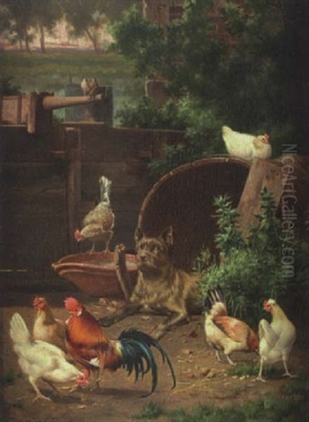 Barnyard Scene With Chicken And Dogs Oil Painting by Edouard Quitton