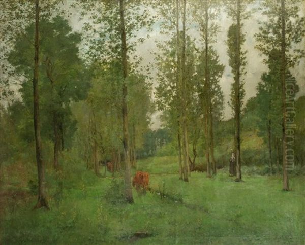 Vachere Et Son Troupeau Dans Le Bois Oil Painting by Ernest Quost