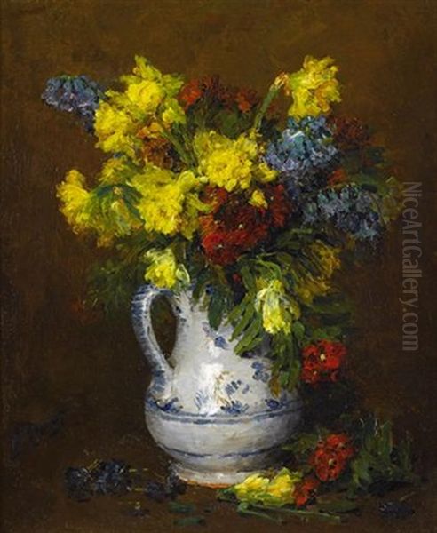 A Blue And White Vase With Mixed Flowers Oil Painting by Ernest Quost