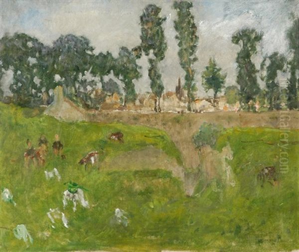 Wiesenlandschaft Mit Menschengruppe Und Weidenden Kuhen, Im Hintergrund Ein Dorf Oil Painting by Ernest Quost