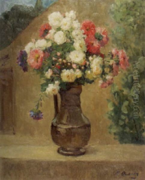 Stilleben Mit Blumen In Zinnkrug Auf Mauer Oil Painting by Ernest Quost