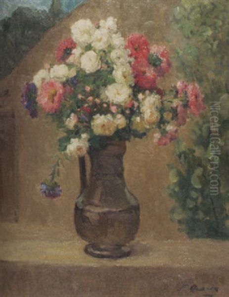 Stilleben Mit Blumen In Zinnkrug Auf Mauer Oil Painting by Ernest Quost