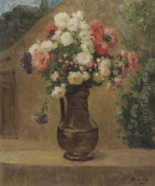 Stilleben Mit Blumen In Zinnkrug Auf Mauer Oil Painting by Ernest Quost