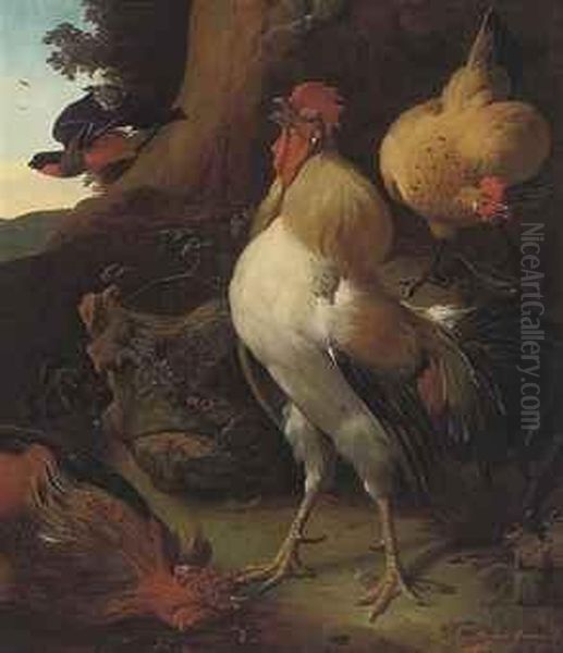 A Triumphant Cockerel Crowing Over His Victory Oil Painting by Giovanni Bonami