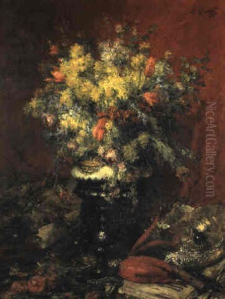 Bouquet De Fleurs Au Vase Chinois Oil Painting by Ernest Quost