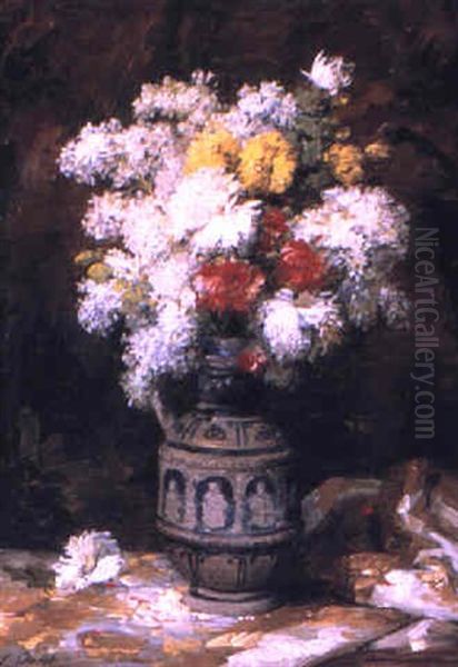 Still Life With Flowers In A Blue Vase Oil Painting by Ernest Quost