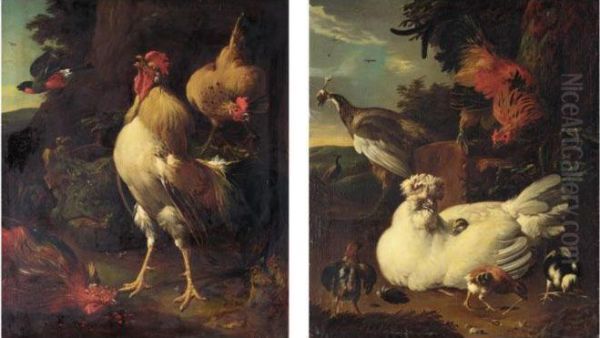 A Triumphant Cockerel Crowing Over His Victory; A Chicken And A Pea-hen In A Landscape Oil Painting by Giovanni Bonami