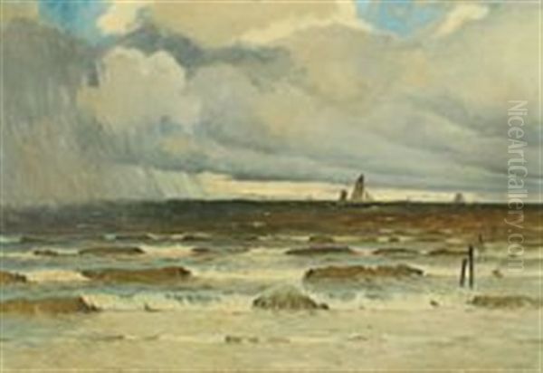 Coastal Scenery With Ships At Sea In Showers by Victor Qvistorff