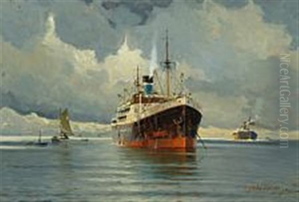 A Steamer At Anchor by Victor Qvistorff