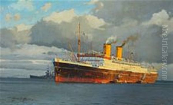 Passenger Ship At Anchor With A Warship On Its Starboard Side by Victor Qvistorff