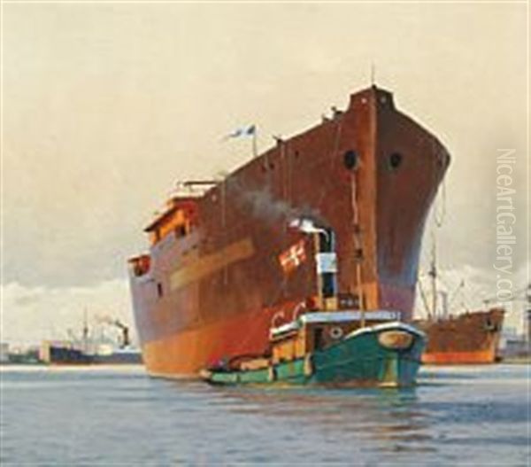 A Harbour-tug And Cargo Ship On The Way Out Of The Harbour by Victor Qvistorff