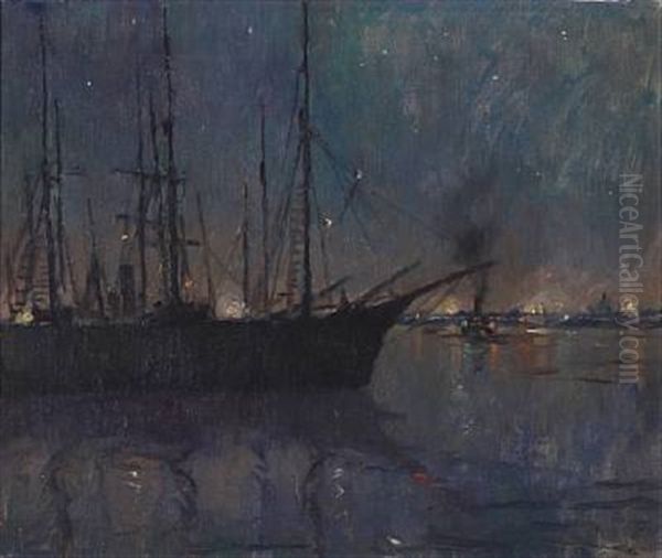 Late Evening With Ships In A Harbour by Victor Qvistorff