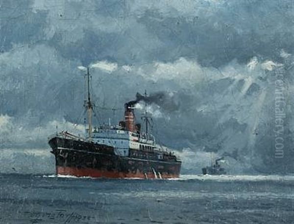 Seascape With Motor Ship In The Open Sea by Victor Qvistorff