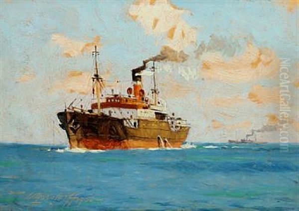 Maritime Scenery With Freighter by Victor Qvistorff