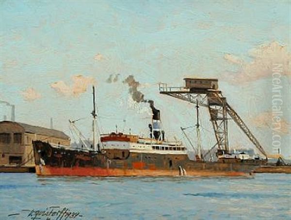 Harbour Scenery With A Freighter At The Quay by Victor Qvistorff