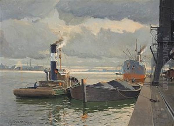 Harbour Scene With Boats And Sailers by Victor Qvistorff