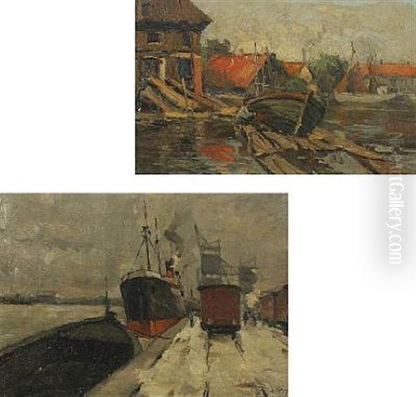 Scenery From A Harbour And Fisherman Working On His Boat (2 Works) Oil Painting by Victor Qvistorff