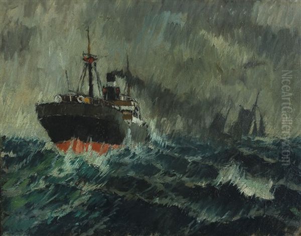 Seascape With A Steamer Oil Painting by Victor Qvistorff