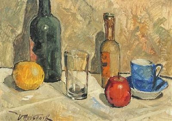 Still Life On A Table With Glass, Bottles And Fruit Oil Painting by Victor Qvistorff