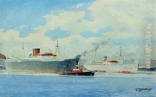 View From A Harbour With Larger Freighter Oil Painting by Victor Qvistorff