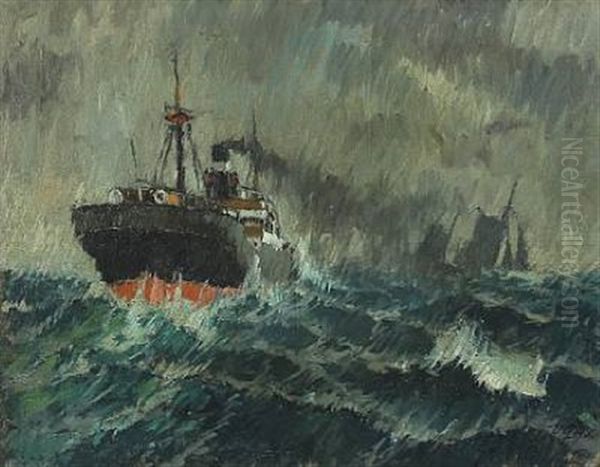 Seascape With A Steamer Oil Painting by Victor Qvistorff