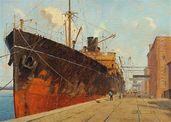 Quayside With Men Loading Steamboat Oil Painting by Victor Qvistorff