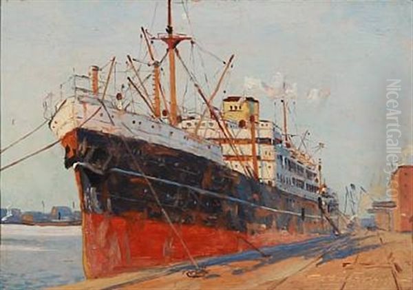 Two Harbour Scenes And One Seascape (3 Works) Oil Painting by Victor Qvistorff