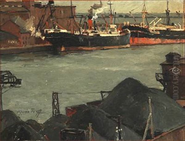 View From A Harbour With Coasters Oil Painting by Victor Qvistorff