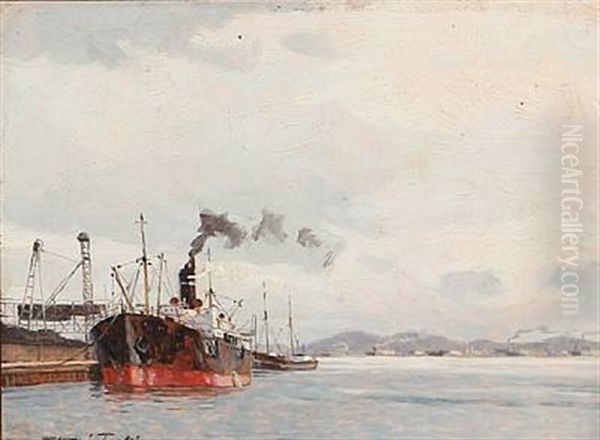 Two Harbour Scenes And One Seascape (3 Works) Oil Painting by Victor Qvistorff