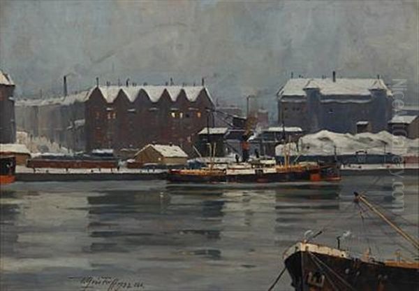 Winter Day In Copenhagen Habour Oil Painting by Victor Qvistorff