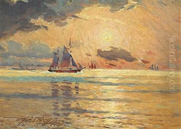 Seascape With Sailing Ships At Sunset Oil Painting by Victor Qvistorff