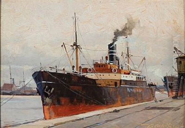 Steamship Scenery (+ 3 Others; 4 Works) Oil Painting by Victor Qvistorff