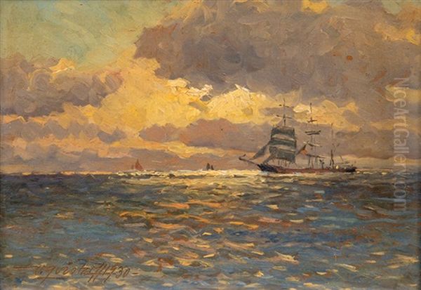 Tall Ship In Dusk Oil Painting by Victor Qvistorff