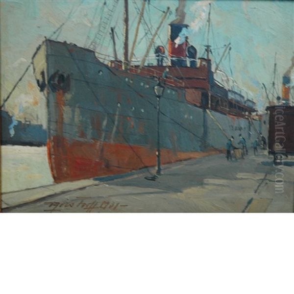 Freighter (+ Another; 2 Works) Oil Painting by Victor Qvistorff