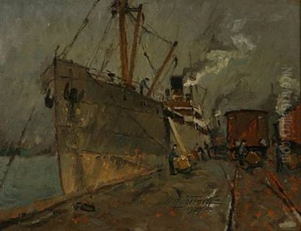 Harbour Scene With A Ship Being Loaded Oil Painting by Victor Qvistorff