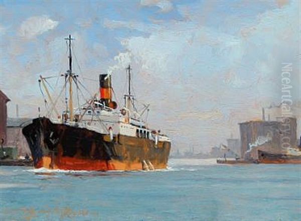 Steamer In A Harbor Oil Painting by Victor Qvistorff